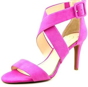 Jessica Simpson magenta suede women's open toe Sandals with crisscross straps.